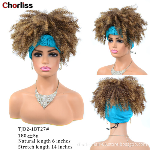 Wholesale Cheap Short Ombre Turban Wrap Wigs With Headband Heat Resistant Kinky Curly Synthetic Wig Attached For Black Women
